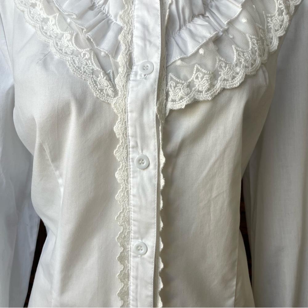 White Ruffled Victorian Edwardian Western lace trim crochet button down Blouse - Picture 8 of 14